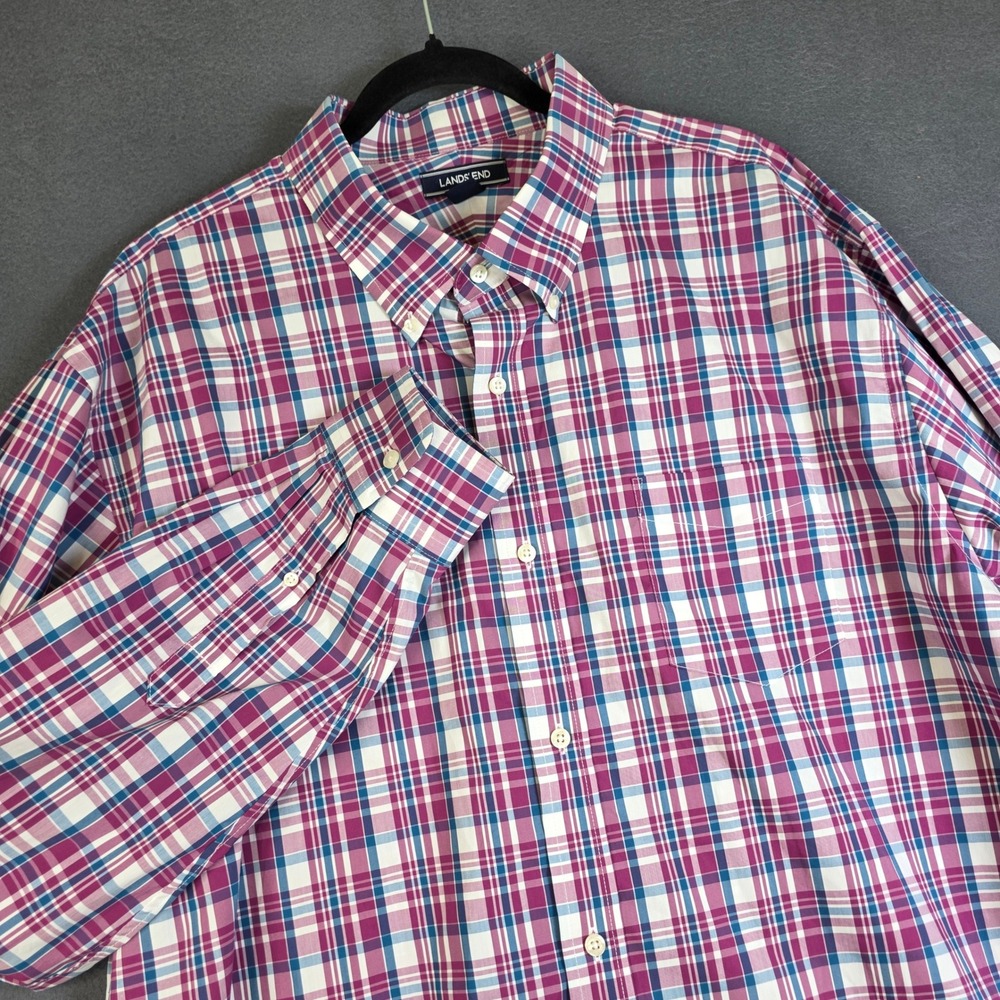 Lands End Mens XXL Button Down Shirt Pink Blue Plaid Traditional Fit Long Sleeve